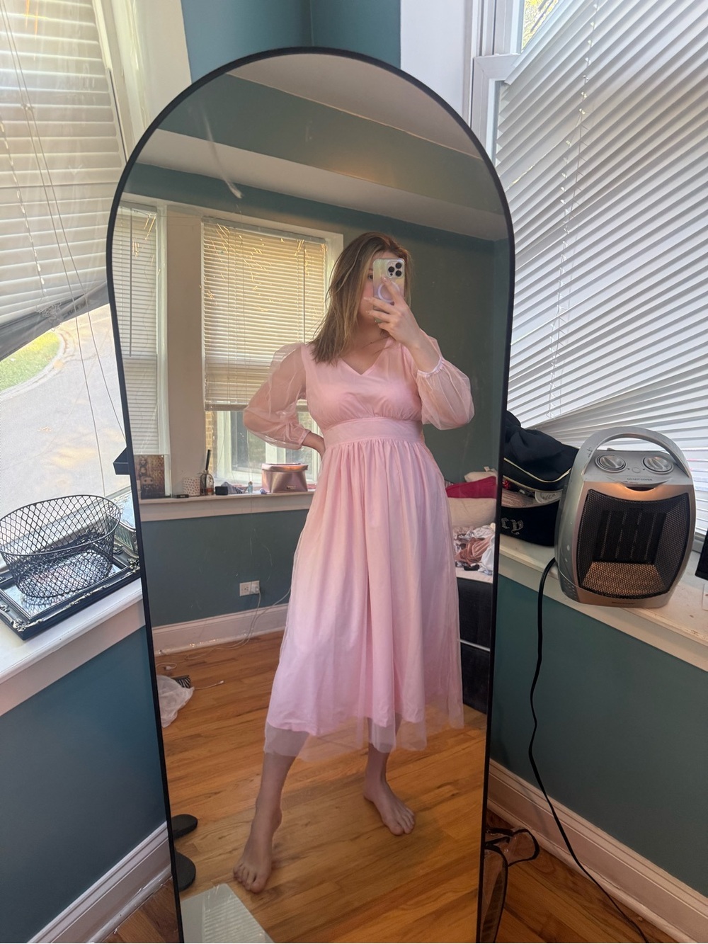 Elegant Pink Midi Dress with Sheer Sleeves
